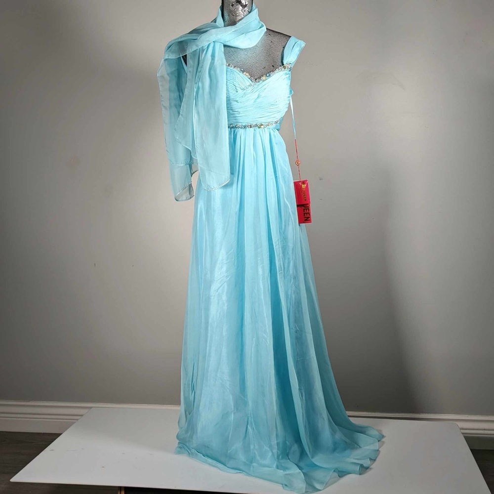 NWT May Queen | Aqua Sequin Cross-Front Gown & Shawl - sz 6.